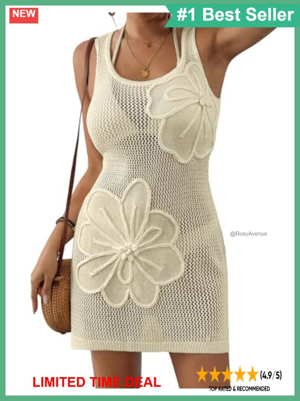 Crochet 3D Floral Beach Tank Dress Swimsuit Coverup Sleeveless U-Neck